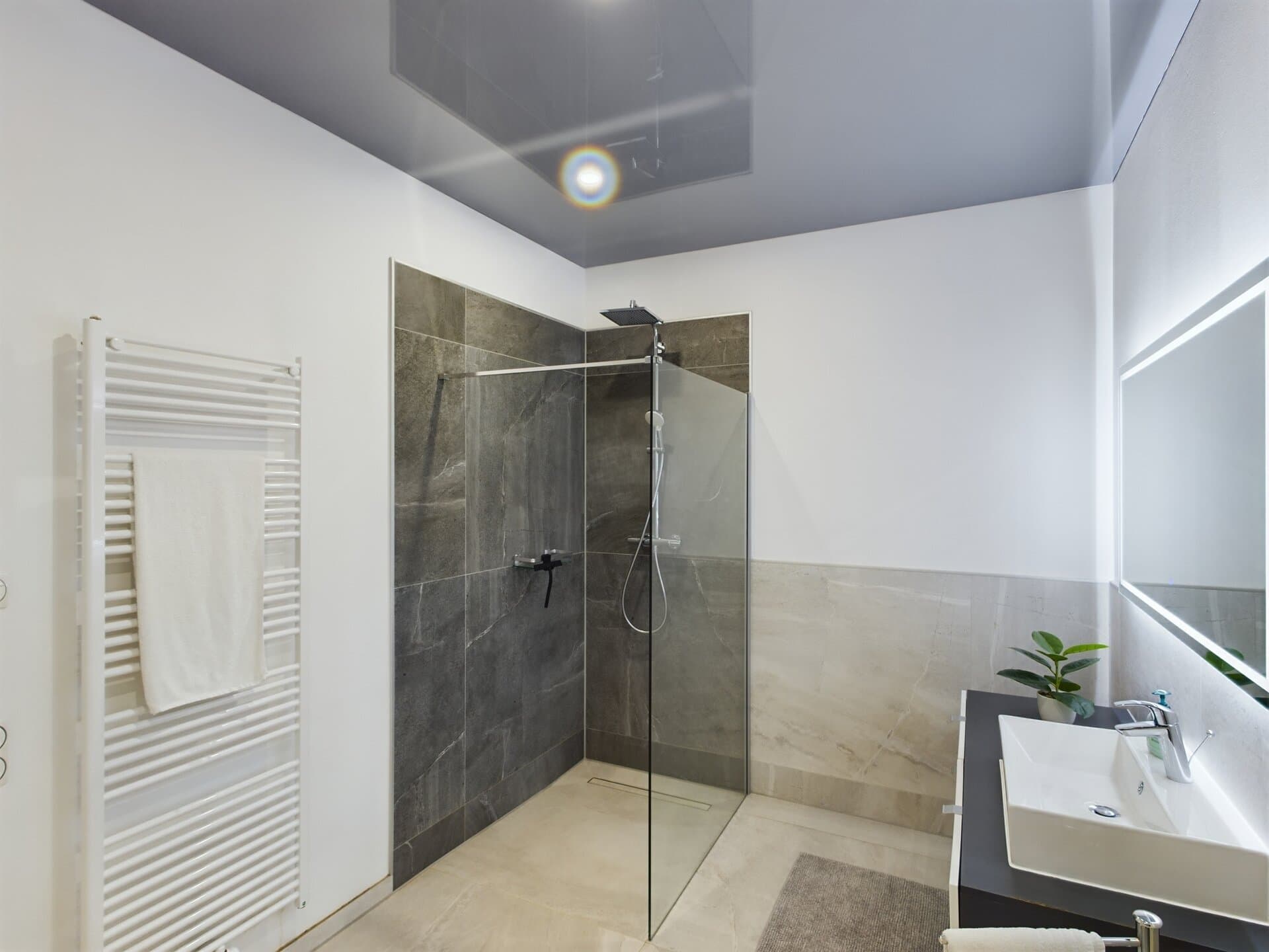 siegelbach-59a-20 A modern walk-in shower with glass enclosure in a spacious apartment bathroom.