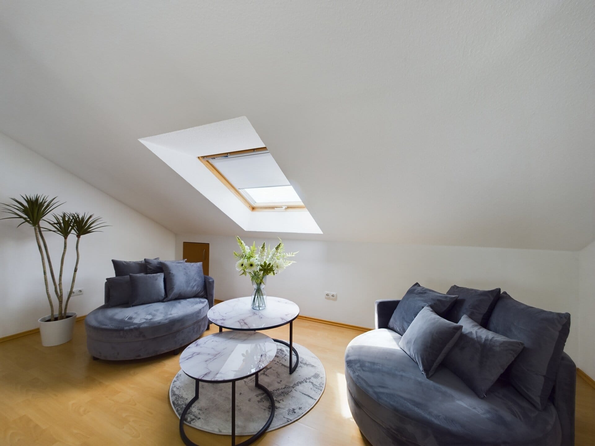 Bright living room with skylight and modern furniture in a spacious attic apartment near Ramstein Ai.