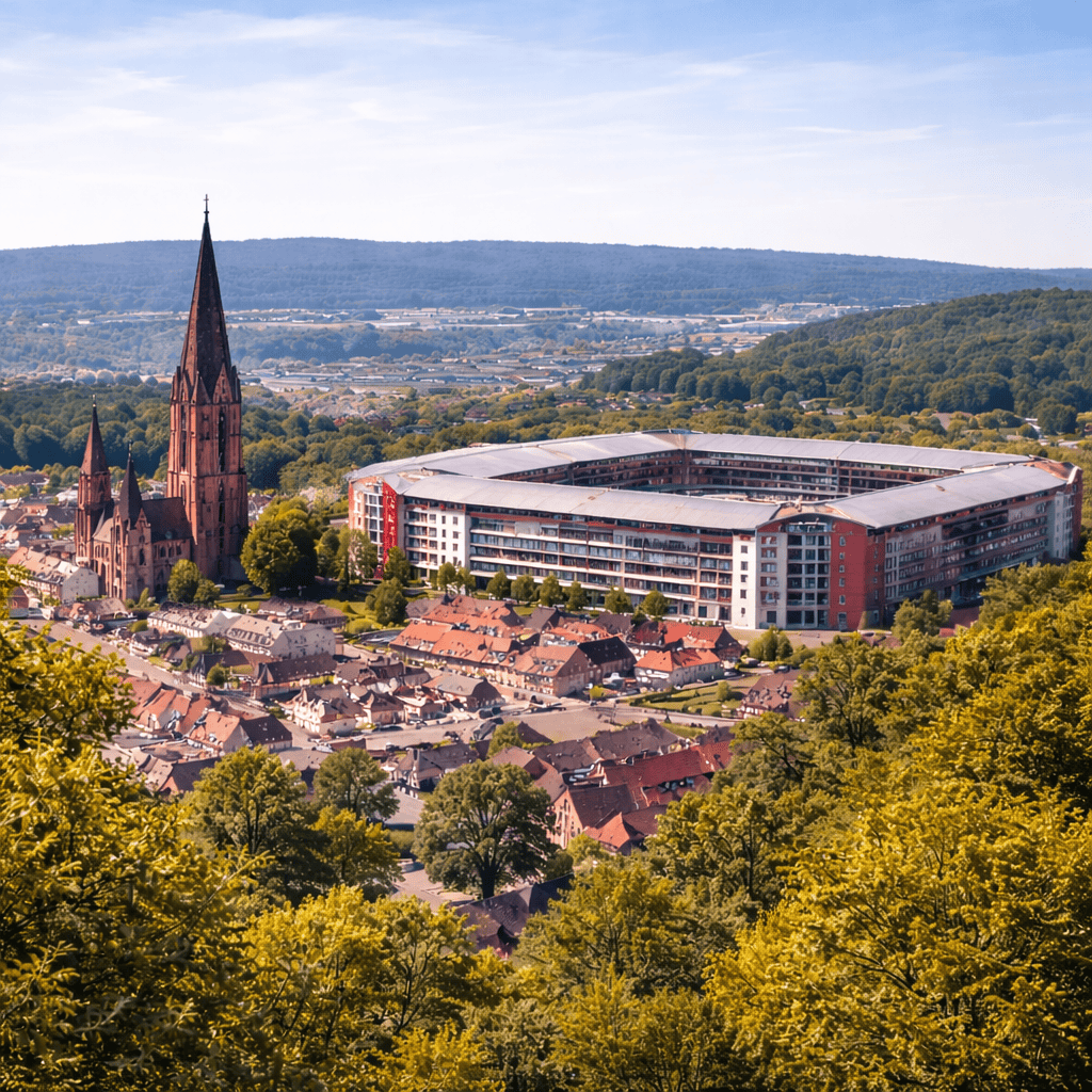 Modern residential building near historic church in Kaiserslautern, Germany.